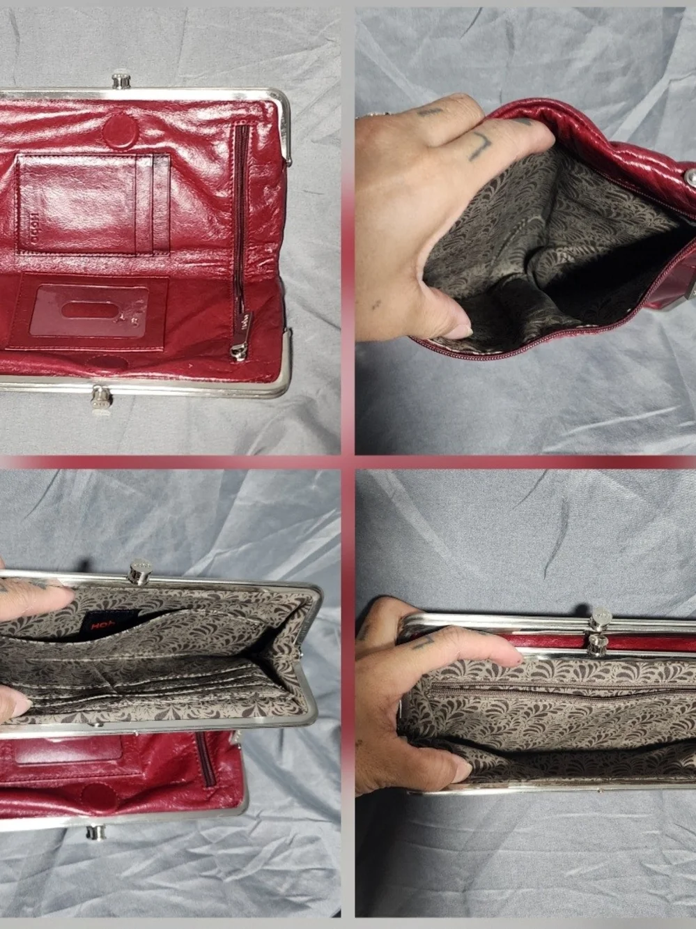 HOBO Lauren Burgundy Red Leather Clutch Wallet W/ Vintage Kisslock Frame